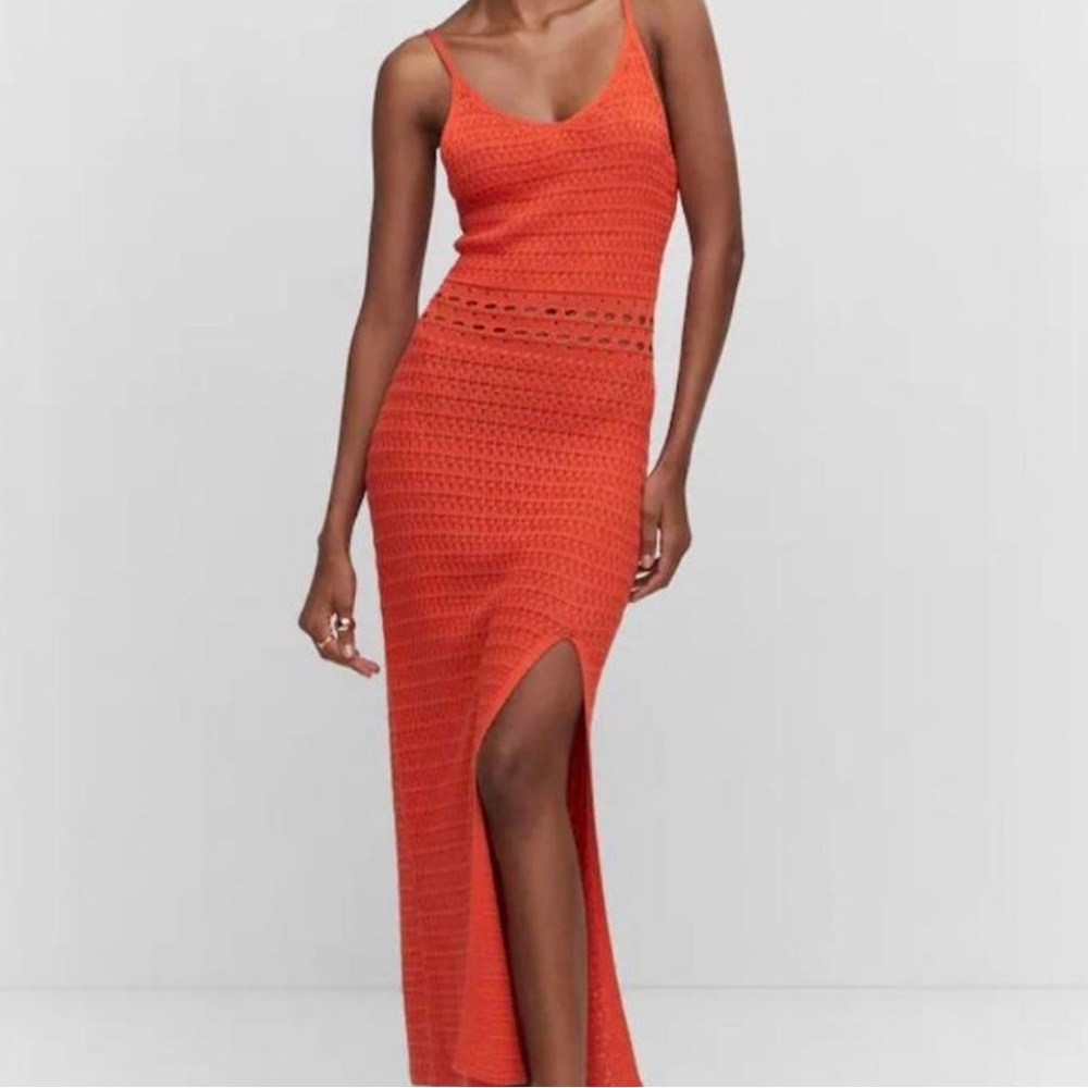 Mango Orange Red Crochet Knit Side Slit Dress
